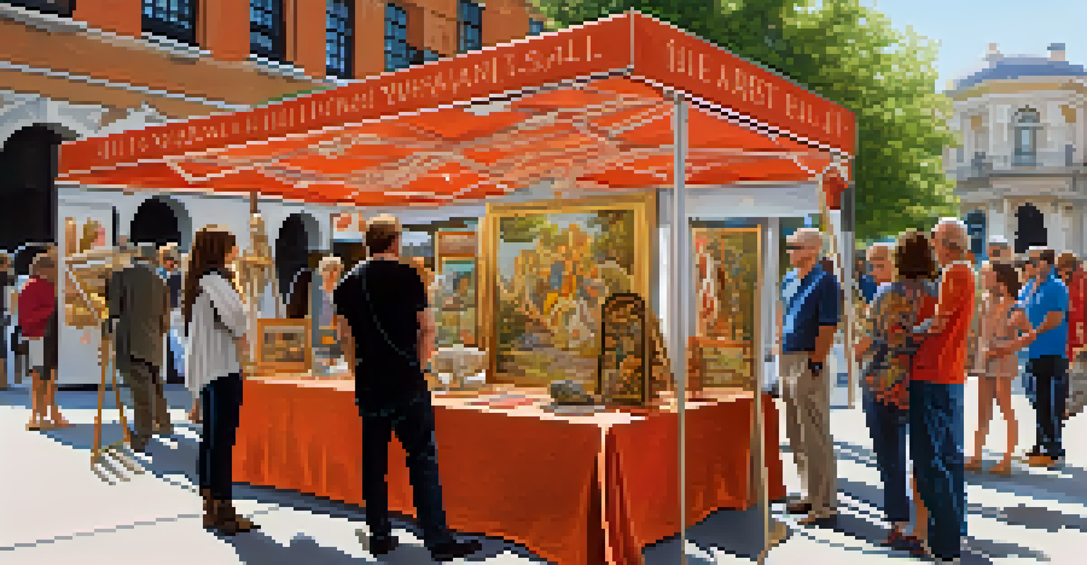 An artist's booth at an art fair, showcasing unique carvings with the artist interacting with a customer.