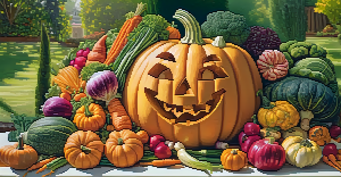 A table displaying various intricately carved vegetables, including a smiling pumpkin and floral designs made from cucumbers and radishes, illuminated by soft sunlight.