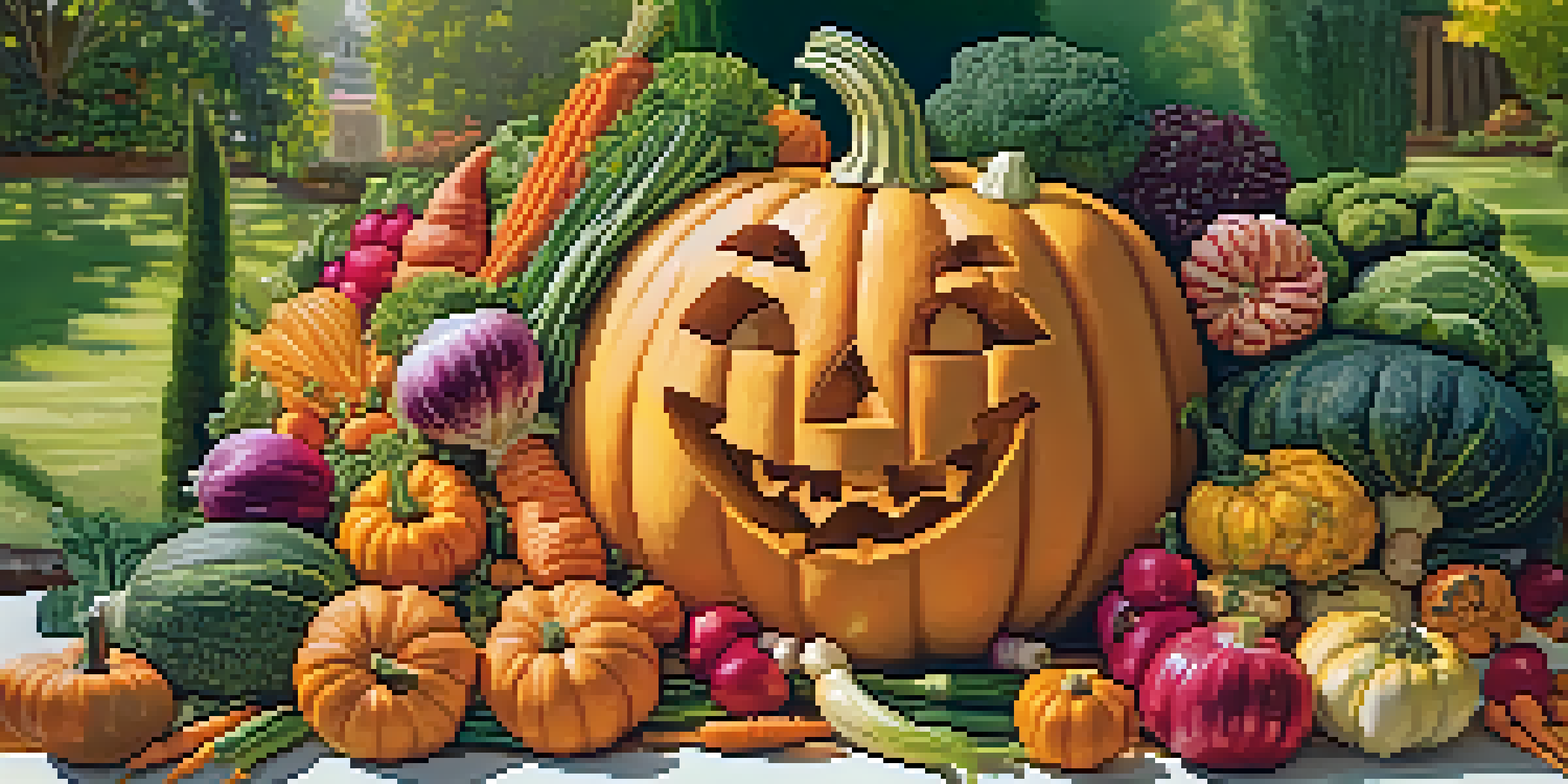 A table displaying various intricately carved vegetables, including a smiling pumpkin and floral designs made from cucumbers and radishes, illuminated by soft sunlight.