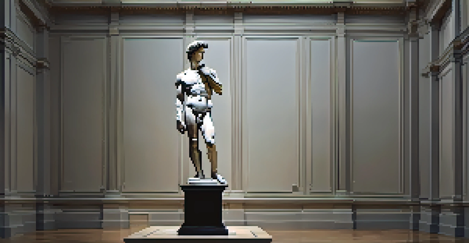 A realistic sculpture of Michelangelo's David in a classical setting with dramatic lighting and marble texture.