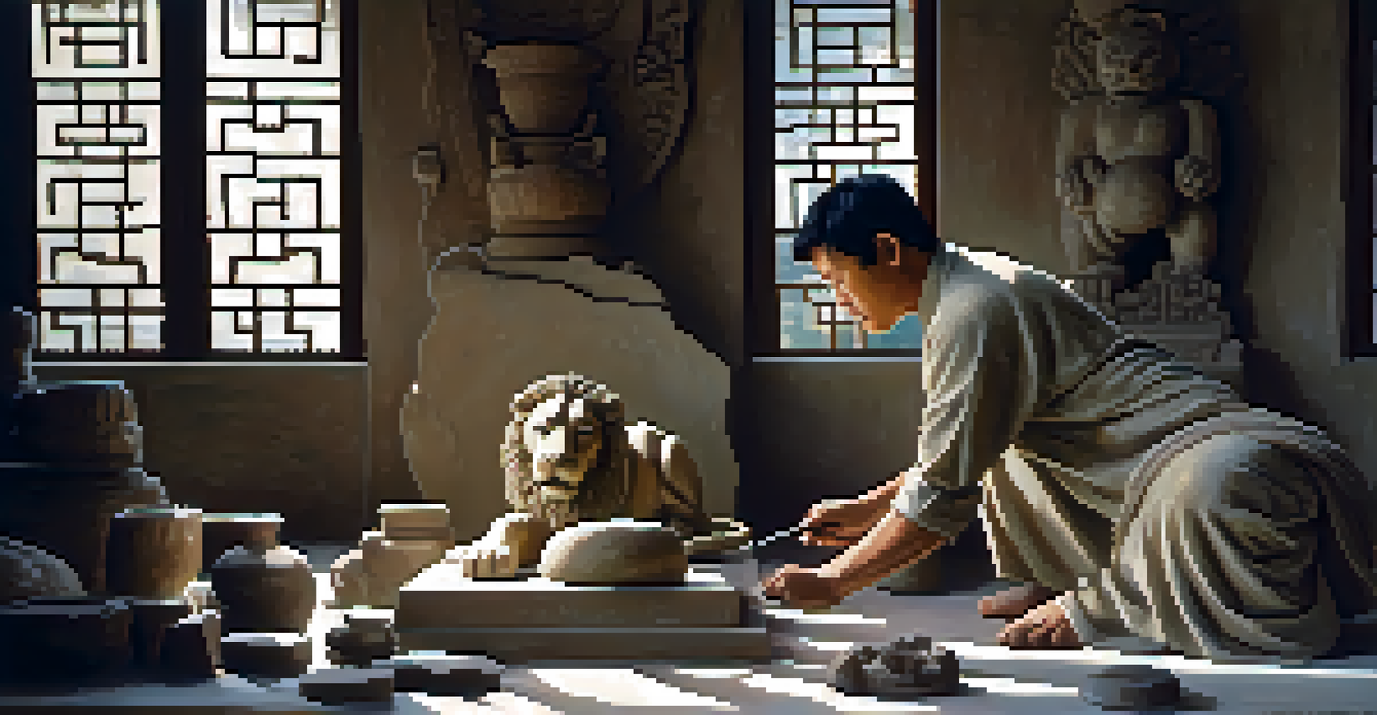 An Asian stone carver chiseling a lion sculpture in a peaceful studio with natural light.