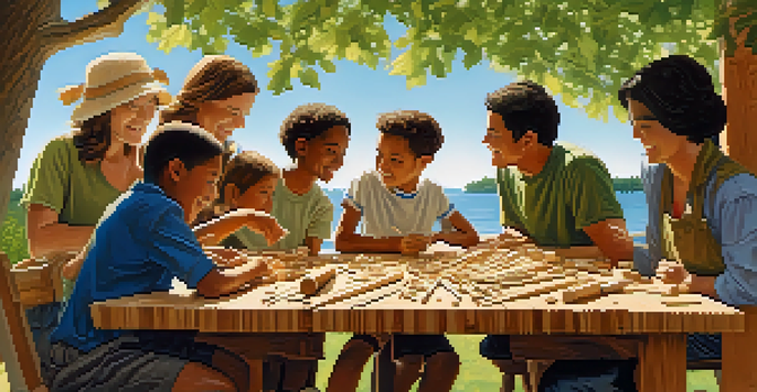 A group of friends and families enjoying woodcarving together on a sunny afternoon, surrounded by trees and a clear sky.