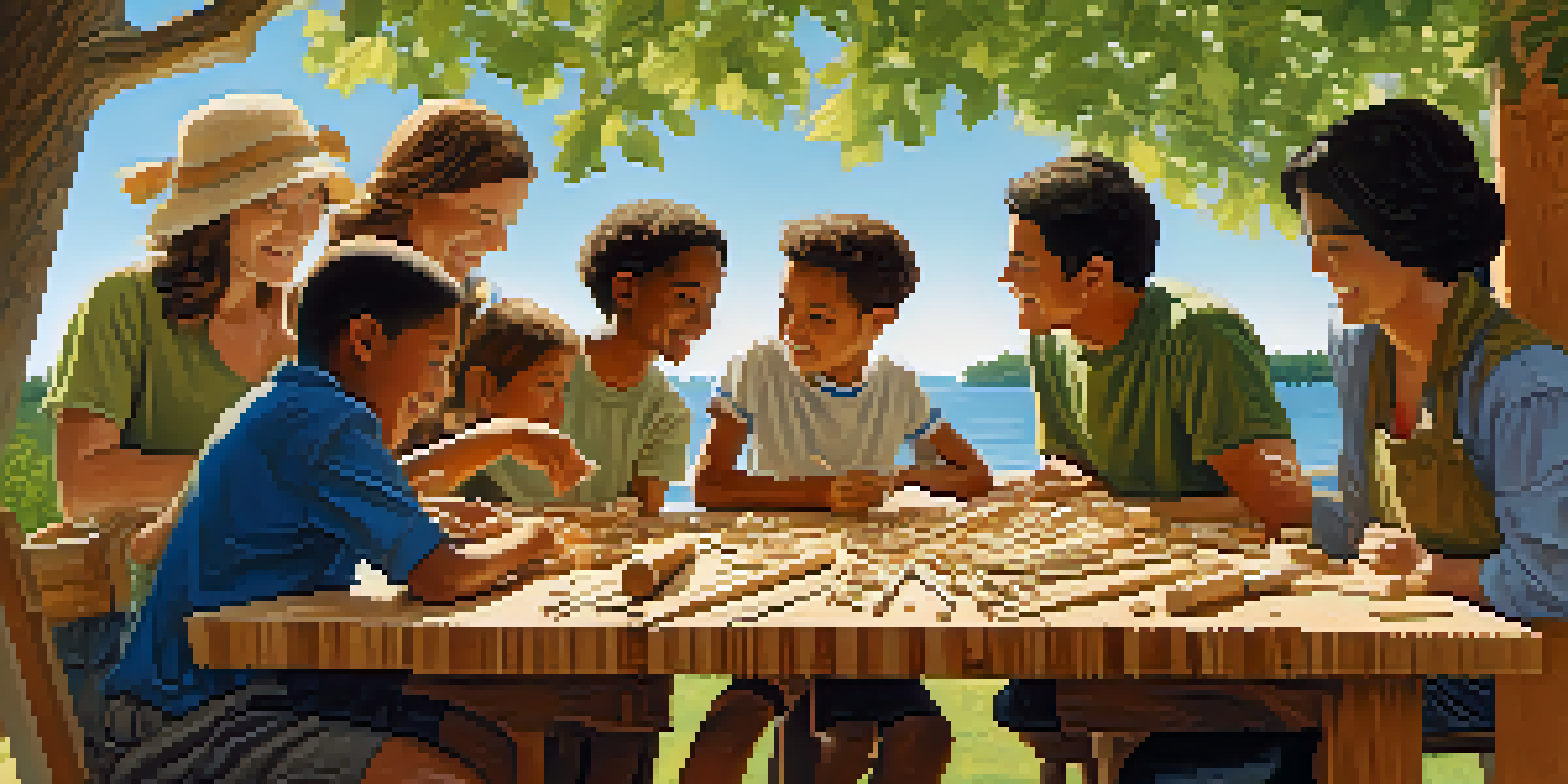 A group of friends and families enjoying woodcarving together on a sunny afternoon, surrounded by trees and a clear sky.