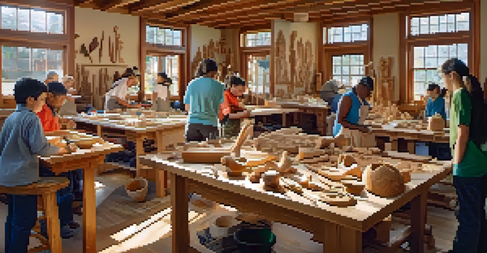 A lively workshop with people of different ages carving wood, surrounded by tools and colorful finished carvings in a well-lit space.