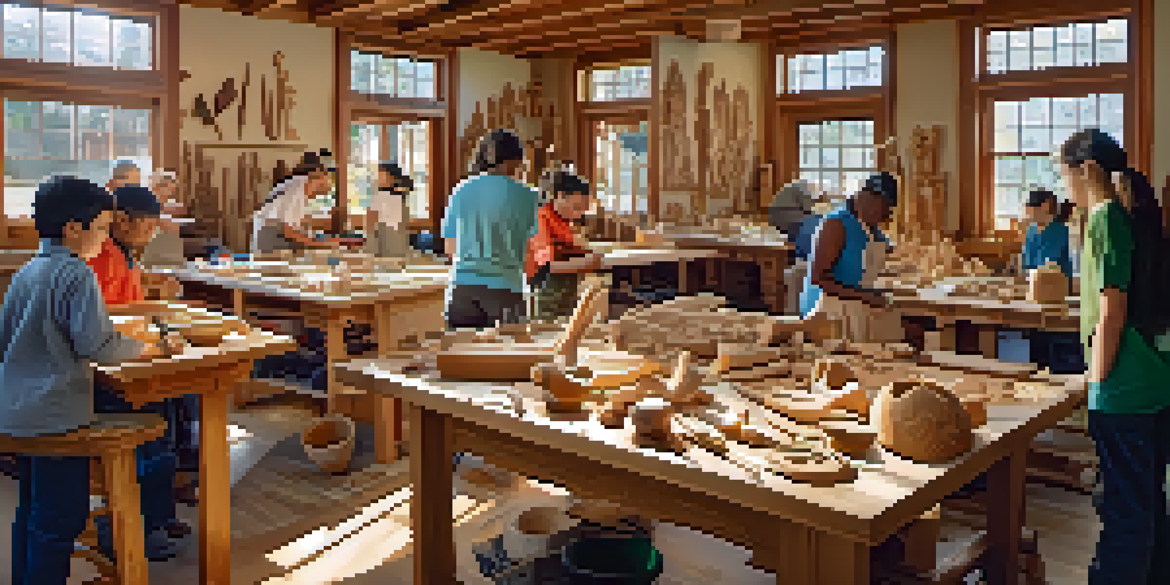 A lively workshop with people of different ages carving wood, surrounded by tools and colorful finished carvings in a well-lit space.