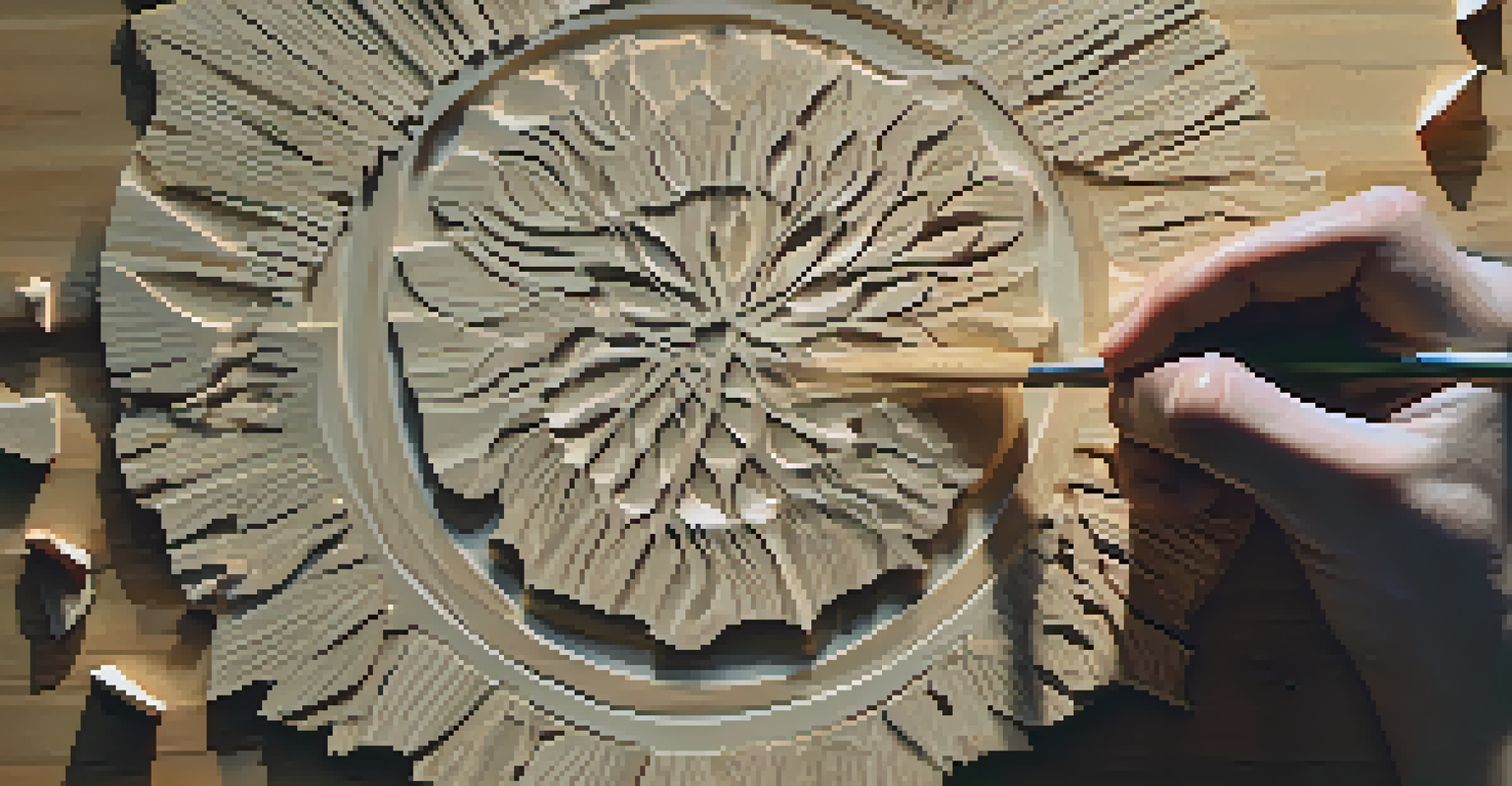 An artist carving a detailed design into a piece of basswood, surrounded by wood shavings and bathed in sunlight.