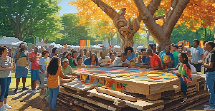 A diverse group of people gathered in a park, working together on a large wooden sculpture, surrounded by colorful banners and tools.