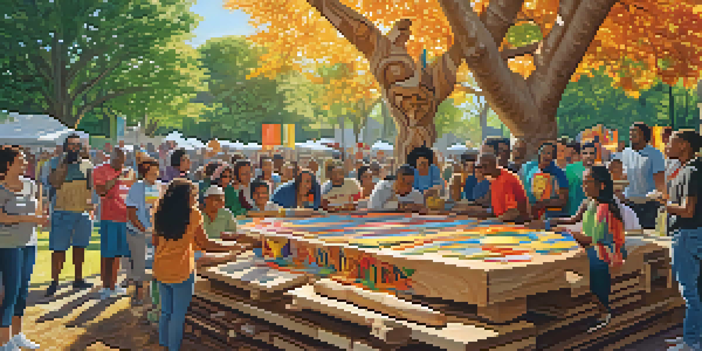 A diverse group of people gathered in a park, working together on a large wooden sculpture, surrounded by colorful banners and tools.
