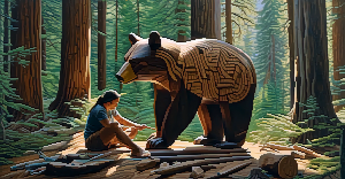 A Native American artist carving a bear totem from cedar wood in a forest, with sunlight filtering through the trees.
