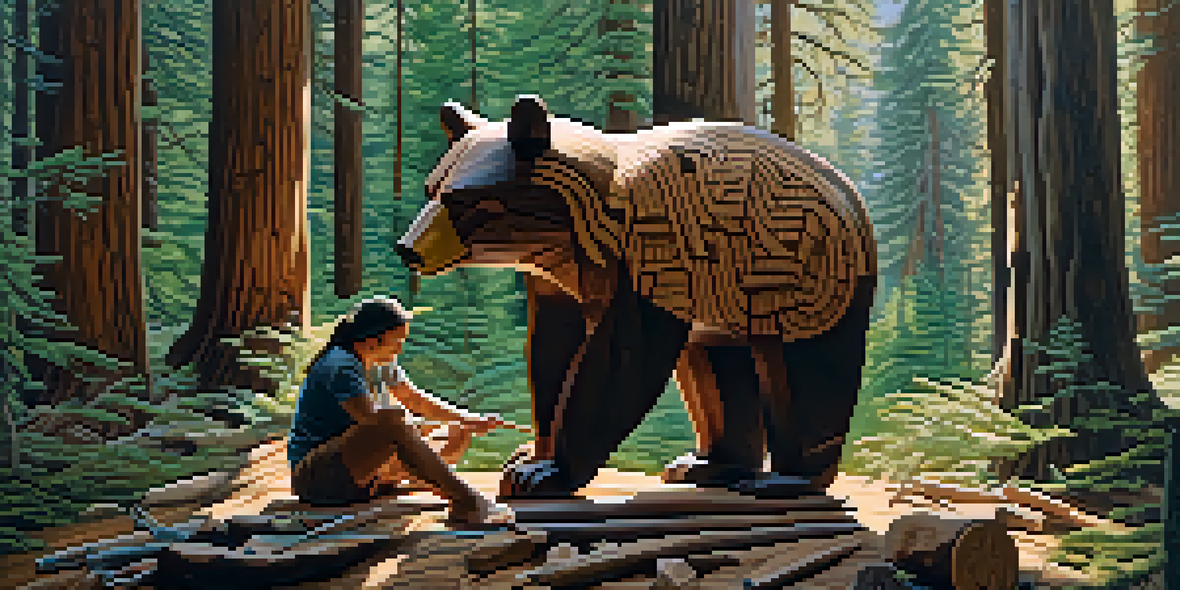 A Native American artist carving a bear totem from cedar wood in a forest, with sunlight filtering through the trees.