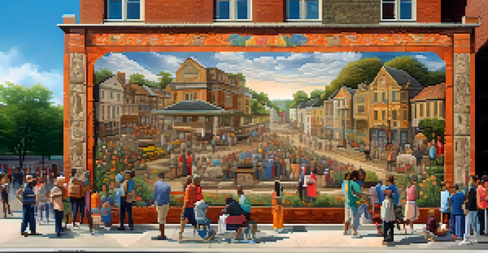 A detailed stone mural illustrating local history, located in a bustling city square with people and flowers around.