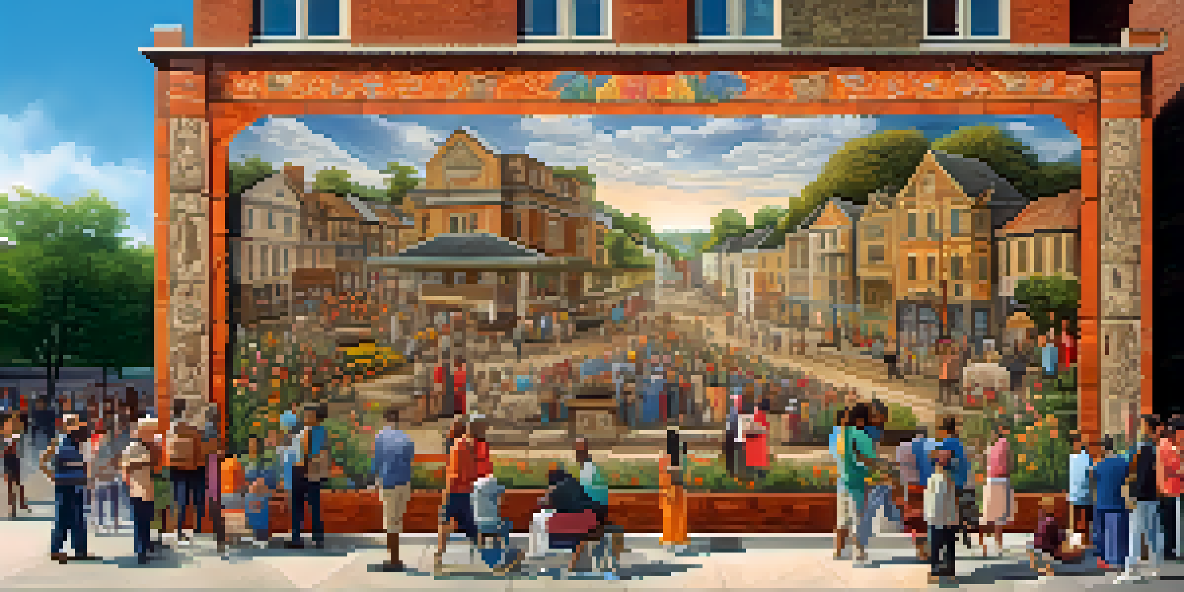 A detailed stone mural illustrating local history, located in a bustling city square with people and flowers around.