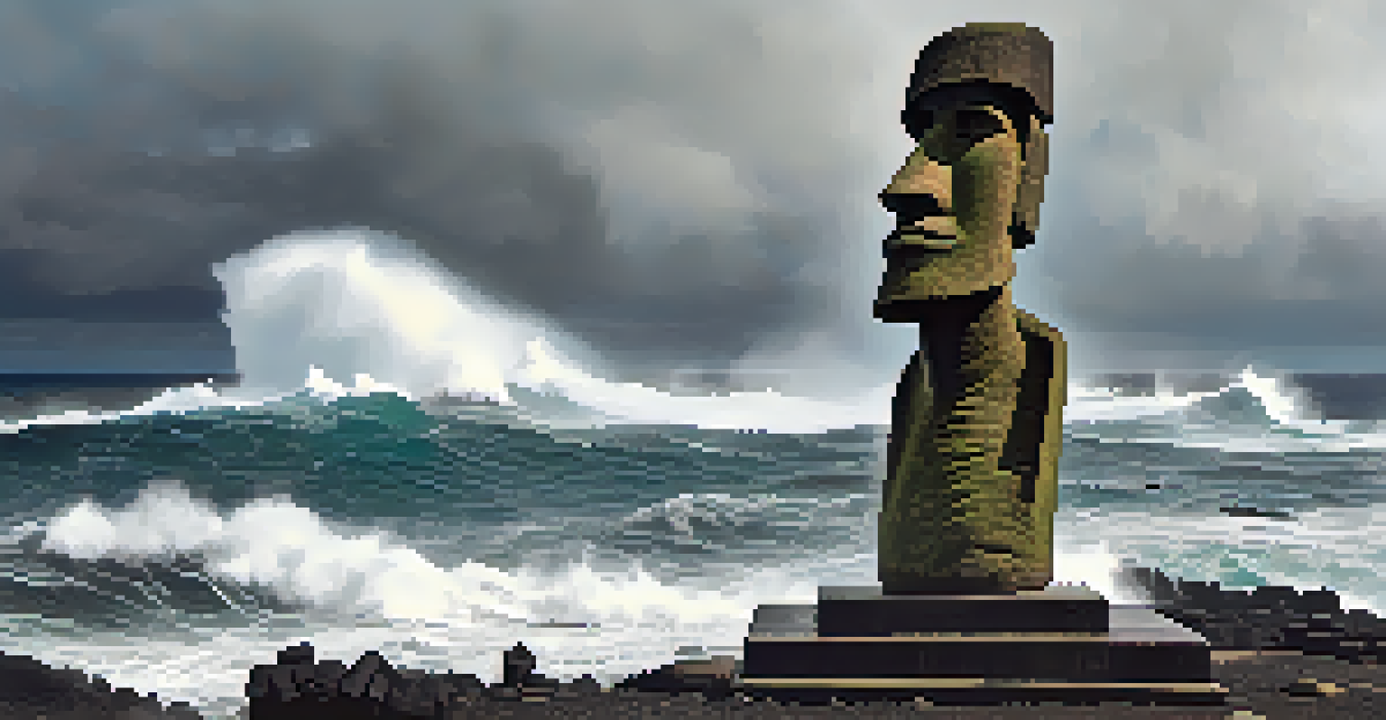 An outdoor statue on Easter Island, highlighting its weathered surface and cultural significance against a dramatic coastal backdrop.