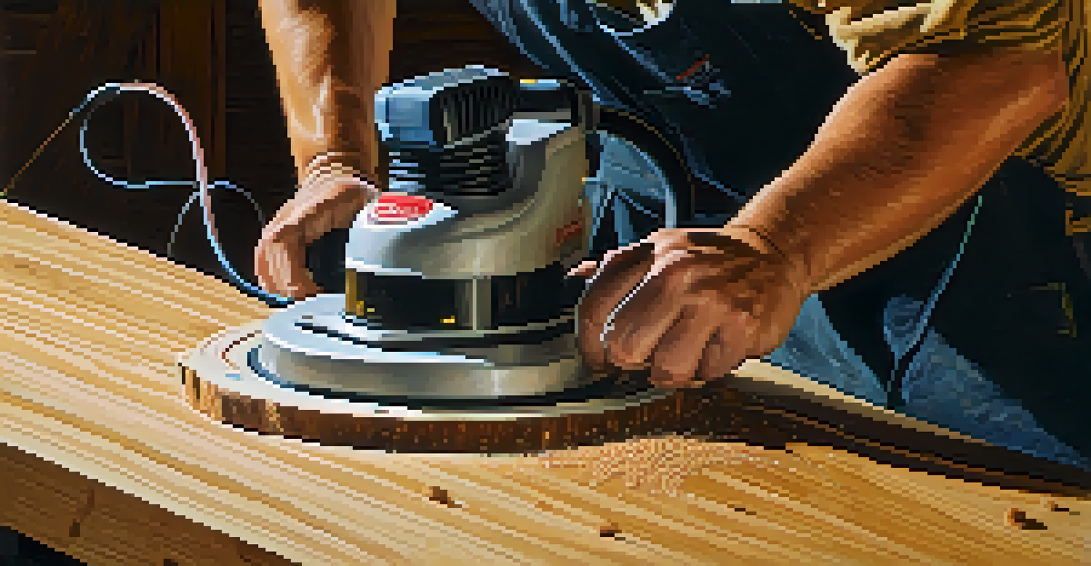 A person using an electric router on wood, wearing protective gear and creating wood shavings in a well-lit workspace.