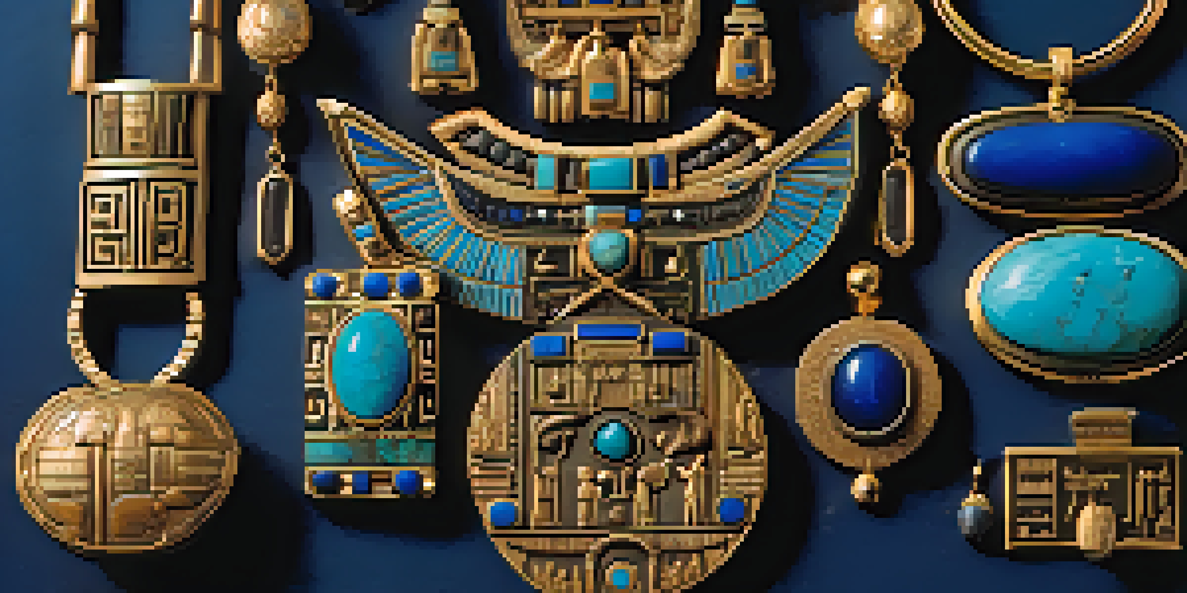 A close-up of ancient Egyptian carved jewelry made from turquoise, lapis lazuli, and gold, showcasing intricate designs on a dark velvet background.