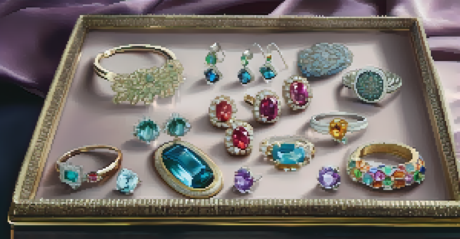 A display of finished jewelry pieces on a velvet tray, showcasing a silver bracelet, a statement ring, and earrings with gemstones.