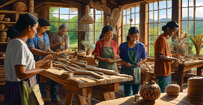 A community workshop showcasing artisans using sustainable carving techniques, with wooden sculptures and natural light illuminating the space.