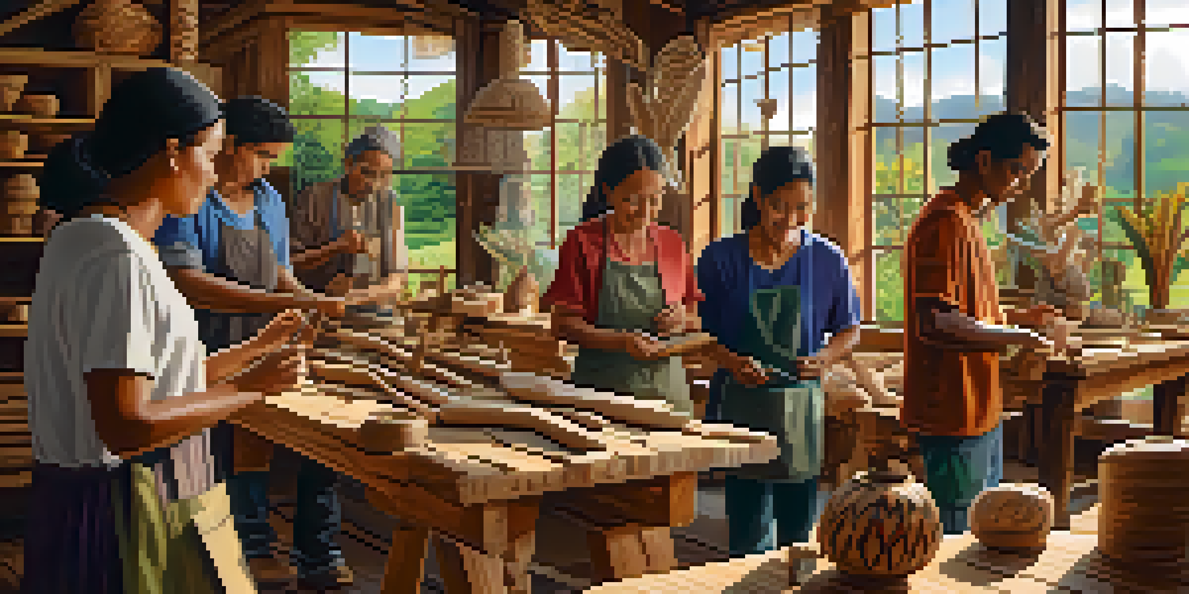 A community workshop showcasing artisans using sustainable carving techniques, with wooden sculptures and natural light illuminating the space.