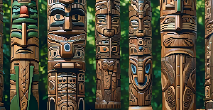 A detailed view of a wooden totem pole with animal carvings, surrounded by a green forest and soft sunlight.