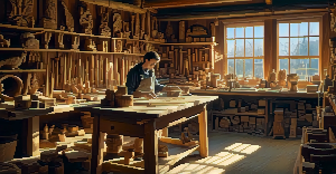 A workshop filled with carving tools and wooden blocks, with sunlight streaming through the window and a carver working on a project.