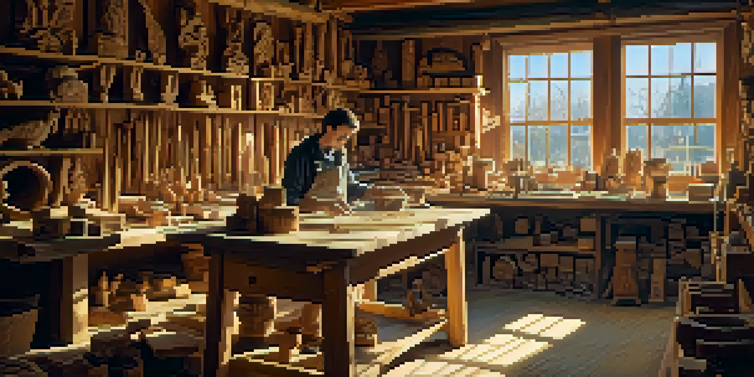 A workshop filled with carving tools and wooden blocks, with sunlight streaming through the window and a carver working on a project.