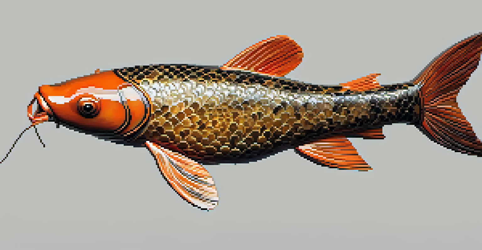 An intricate wood carving of a koi fish, with detailed textures and graceful curves, displayed against a dark background.