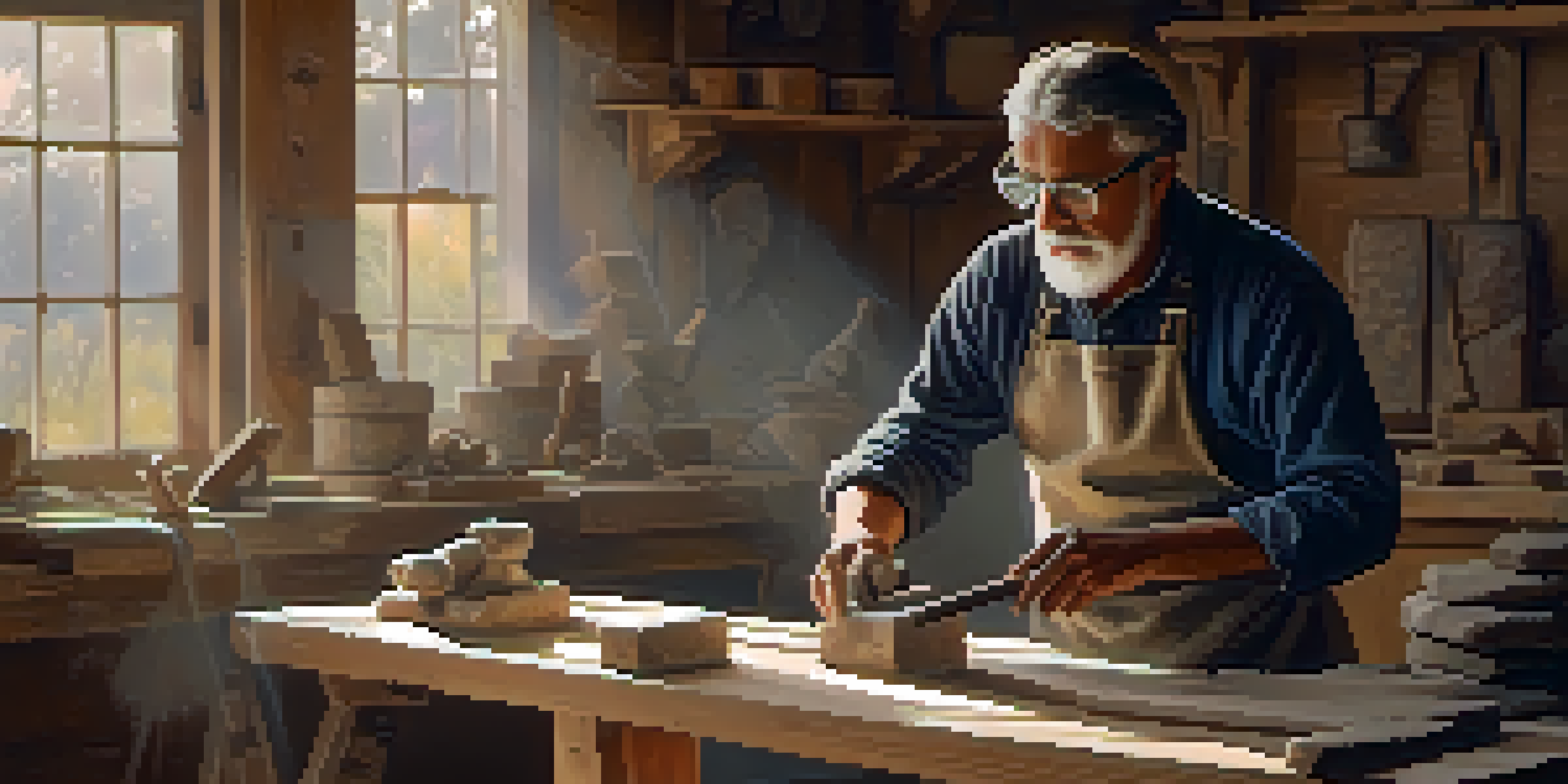 A beginner stone carver working on soapstone in a well-lit workshop, surrounded by tools and dust particles illuminated by sunlight.