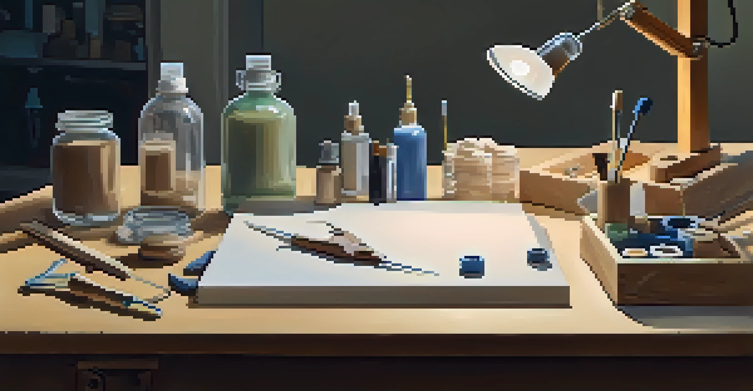 A workspace set up for clay carving with various tools and a block of clay being shaped.