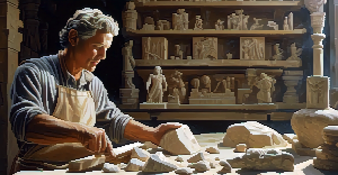 A stone carver working on a marble sculpture of a mythical figure in a sunlit workshop, with dust particles in the light and various tools and sculptures around.