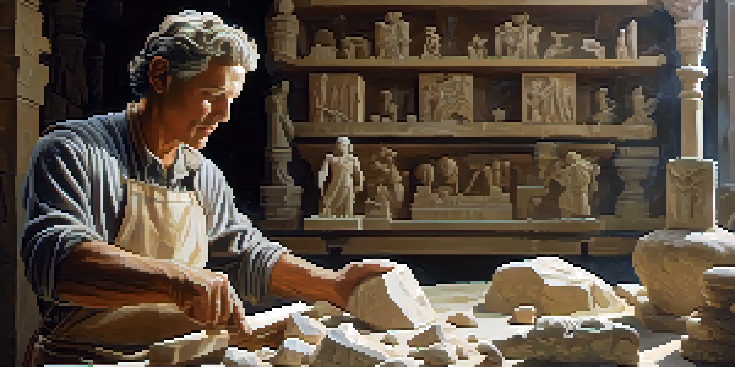 A stone carver working on a marble sculpture of a mythical figure in a sunlit workshop, with dust particles in the light and various tools and sculptures around.