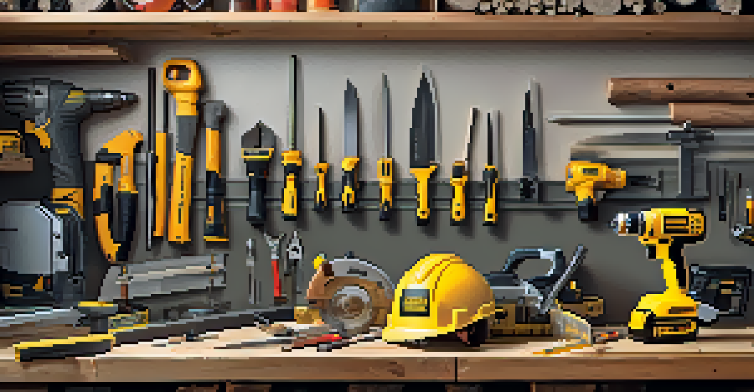 A tidy workbench displaying power tools, safety gear, and an open user manual in a brightly lit workshop.