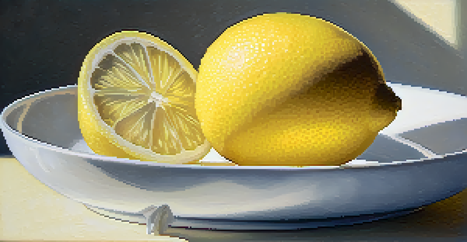 A close-up of a lemon carved into a flower shape on a white plate.