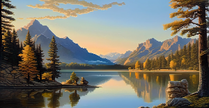 A detailed landscape carving depicting layered mountains, a calm lake, and textured trees, all illuminated by a warm sunset.
