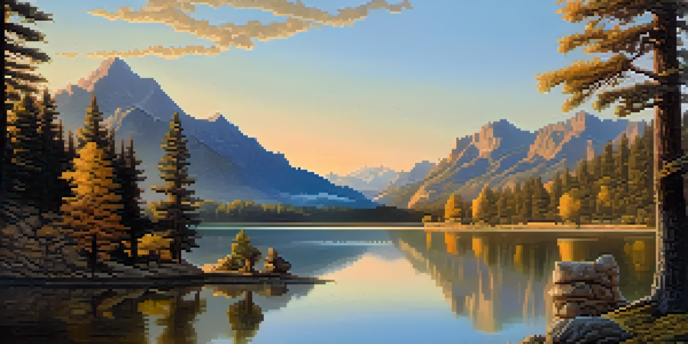 A detailed landscape carving depicting layered mountains, a calm lake, and textured trees, all illuminated by a warm sunset.