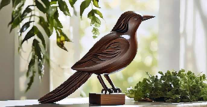 A beautifully carved wooden bird sculpture sitting on a stone pedestal, with warm natural light illuminating it.