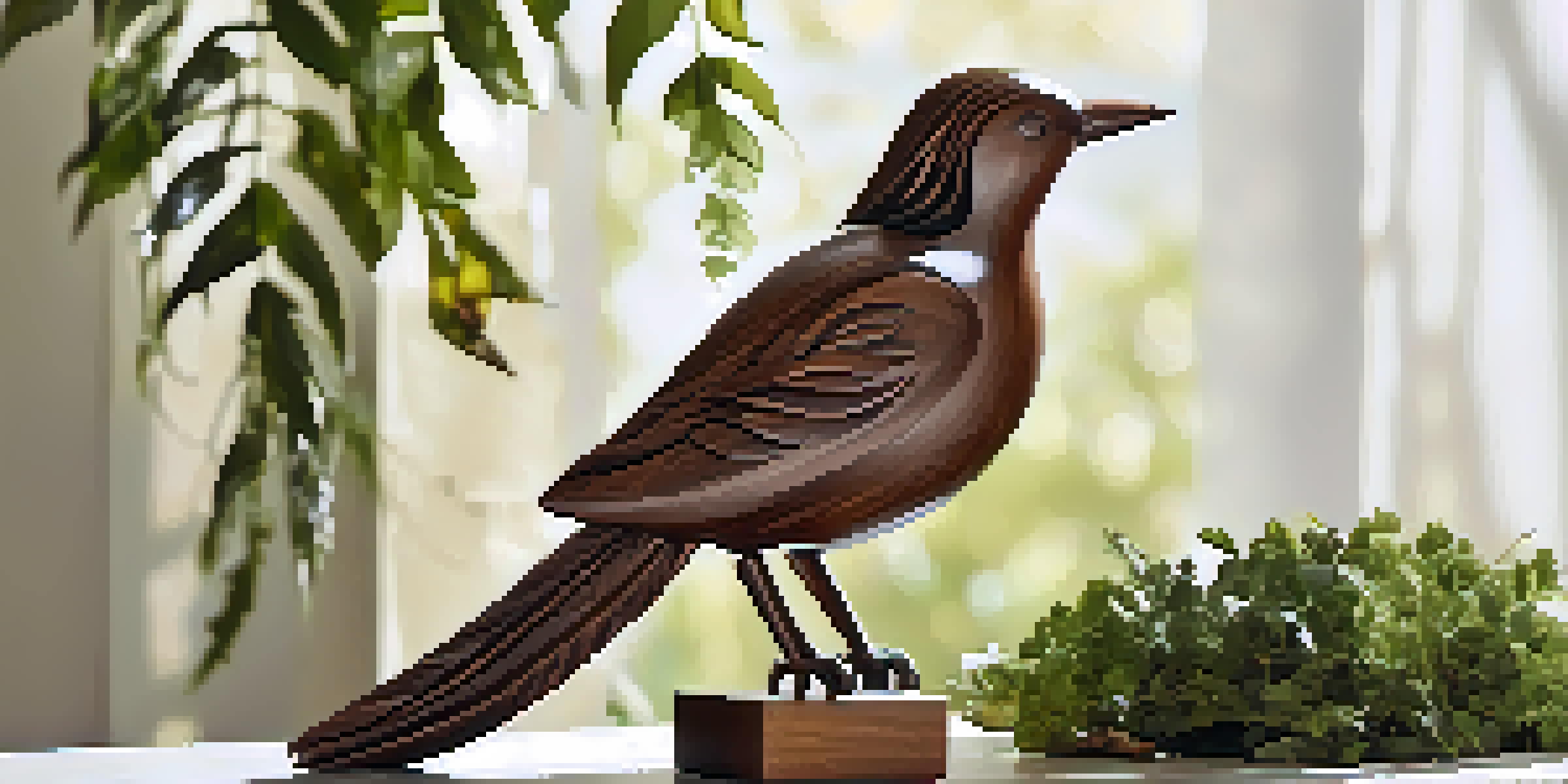A beautifully carved wooden bird sculpture sitting on a stone pedestal, with warm natural light illuminating it.