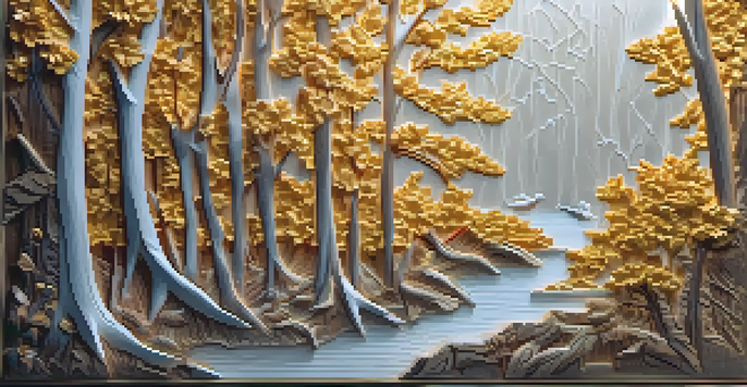 A detailed relief sculpture showcasing a forest scene with trees and wildlife, illuminated against a warm wooden background.