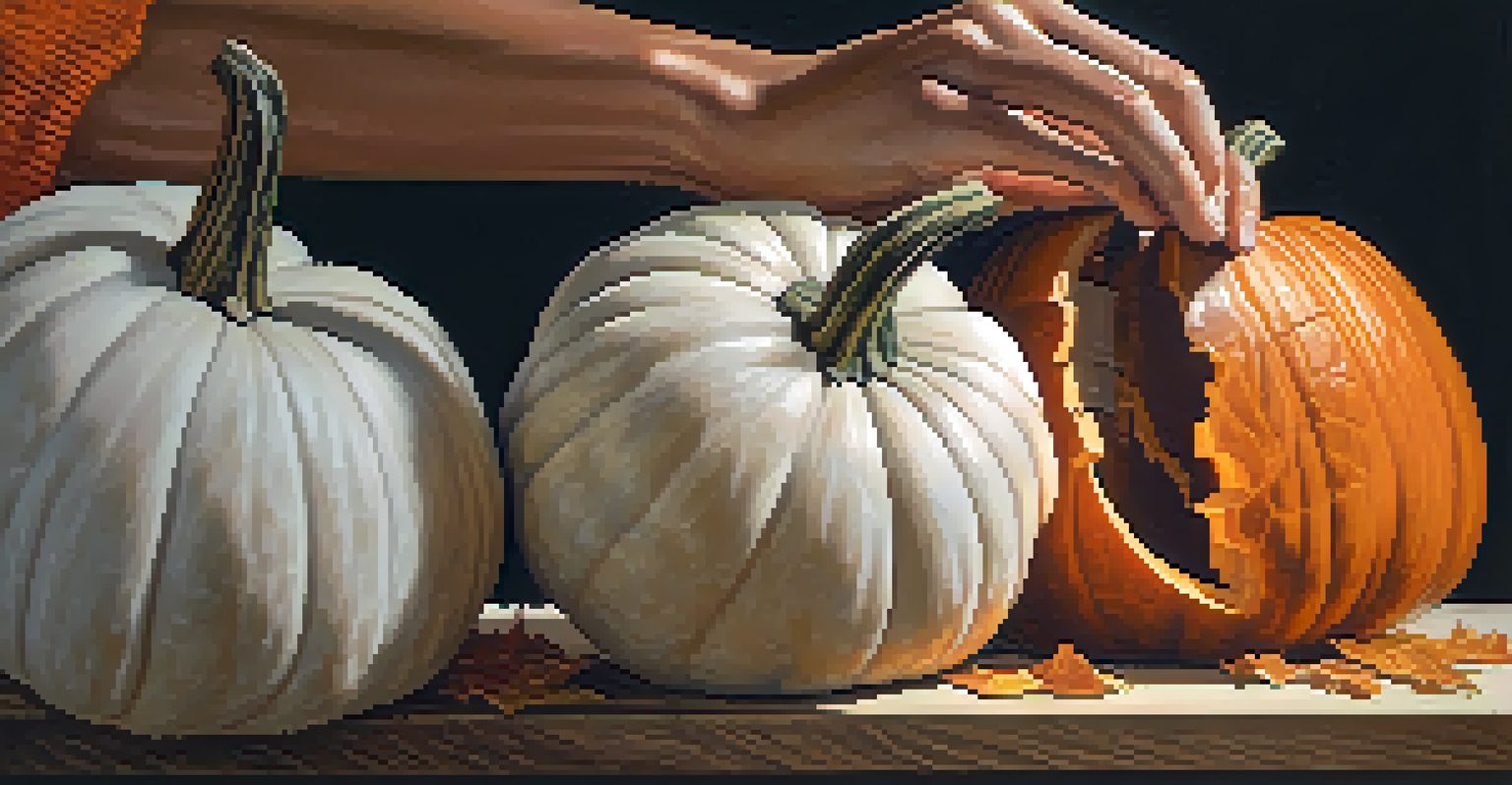 Close-up of hands carving a pumpkin, with a knife and scattered pumpkin pieces in the background.