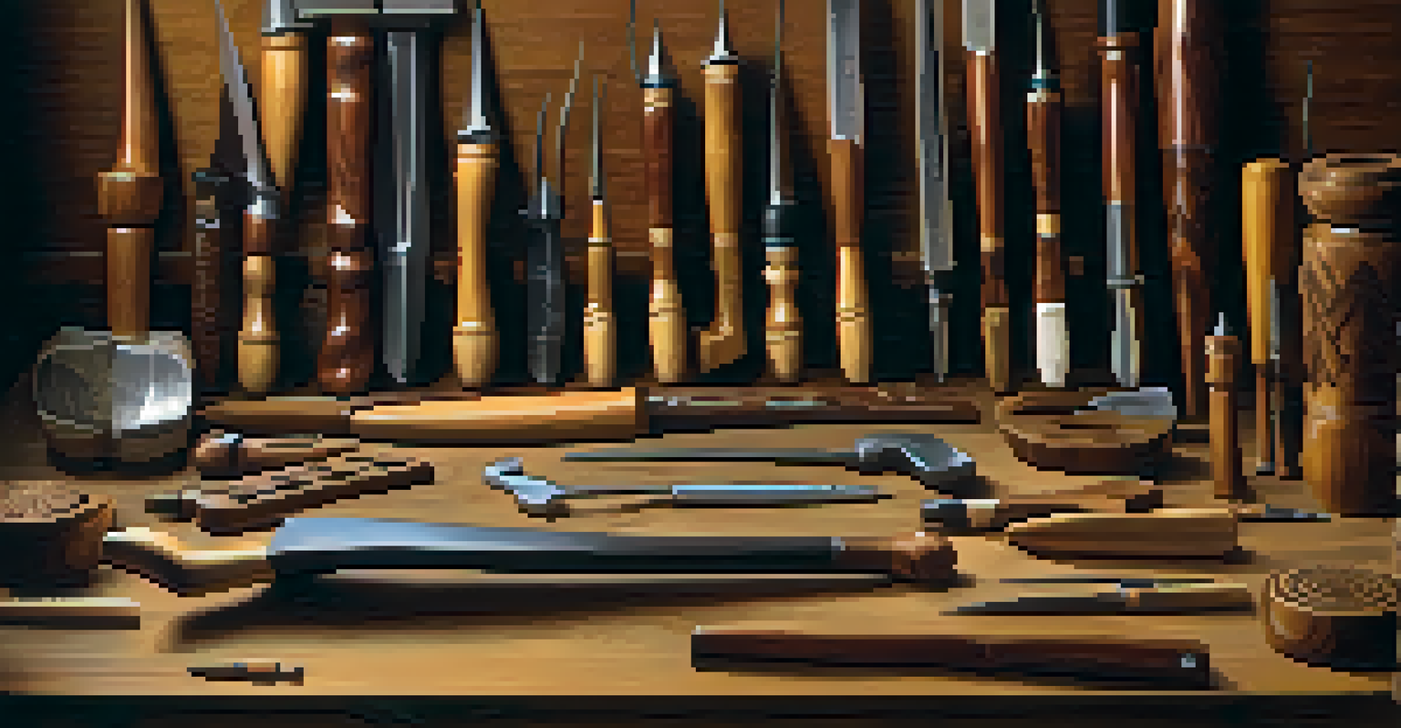 A collection of traditional carving tools on a wooden table, with partially carved mahogany wood in the background.