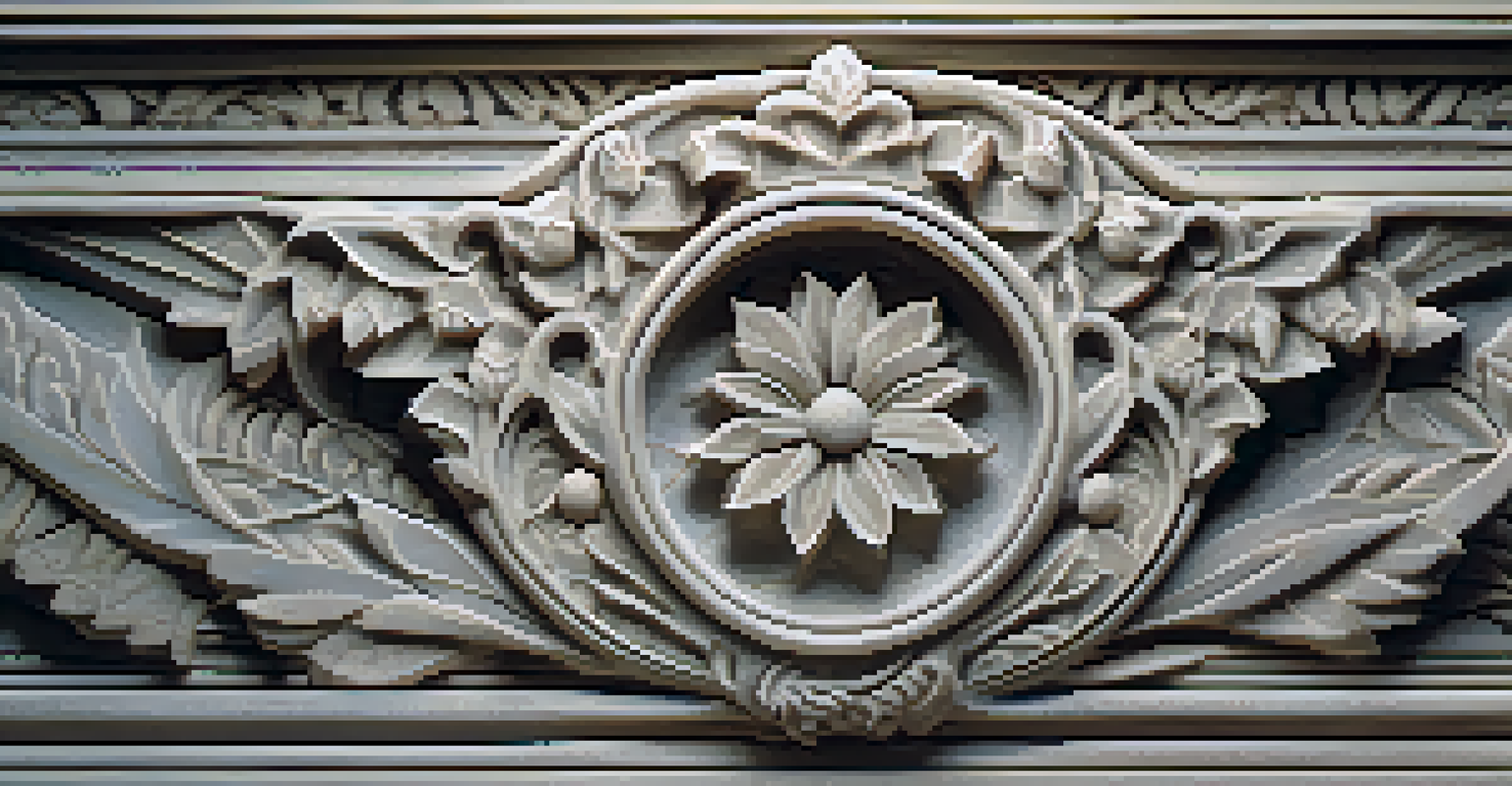 A detailed close-up of a stone relief with intricate floral carvings, illuminated by soft light.