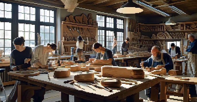 A bright and inviting woodworking workshop with a table full of carving tools and participants learning from an instructor.