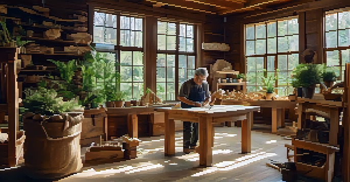 An artisan working diligently on a wooden sculpture in a sunlit workshop, surrounded by natural elements and wood shavings.