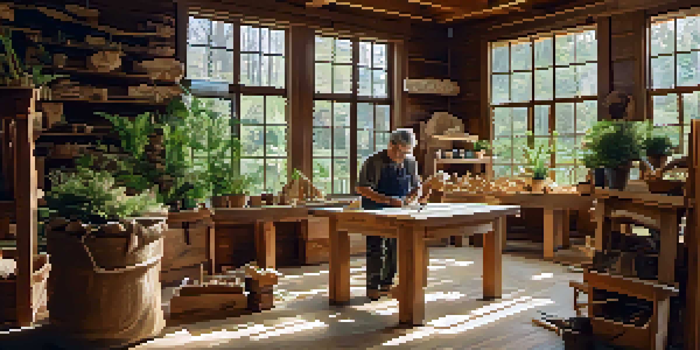 An artisan working diligently on a wooden sculpture in a sunlit workshop, surrounded by natural elements and wood shavings.