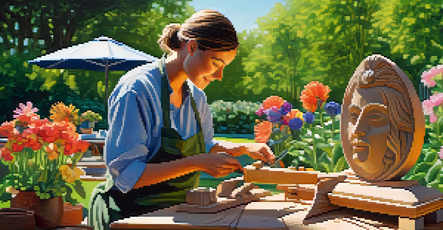 An artisan outdoors using a solar-powered jigsaw to carve a wooden sculpture in a sunny garden surrounded by flowers and greenery.