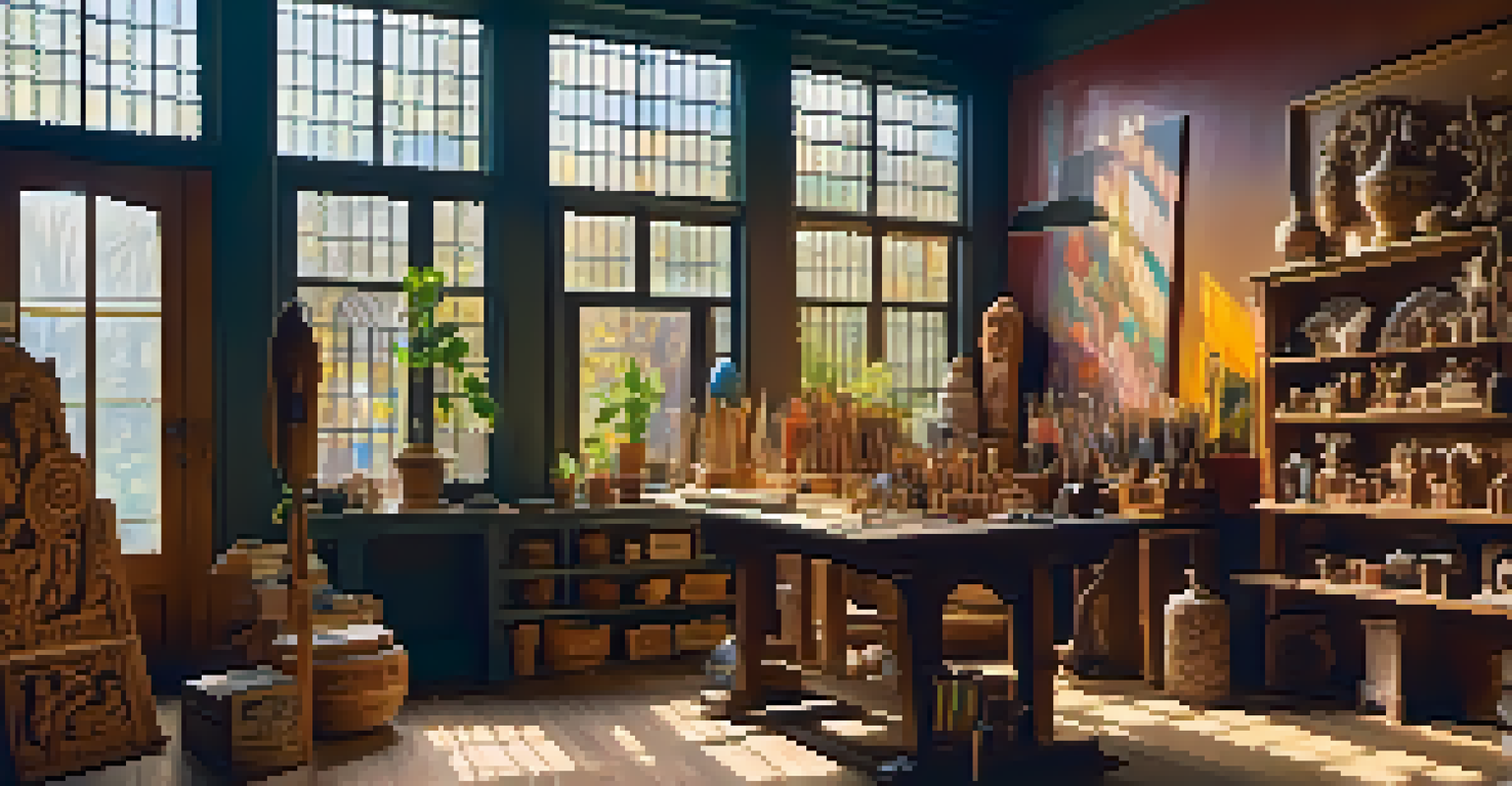 Artist's studio displaying various carved artworks under a mix of warm and cool artificial lights, with natural light streaming in from a window.