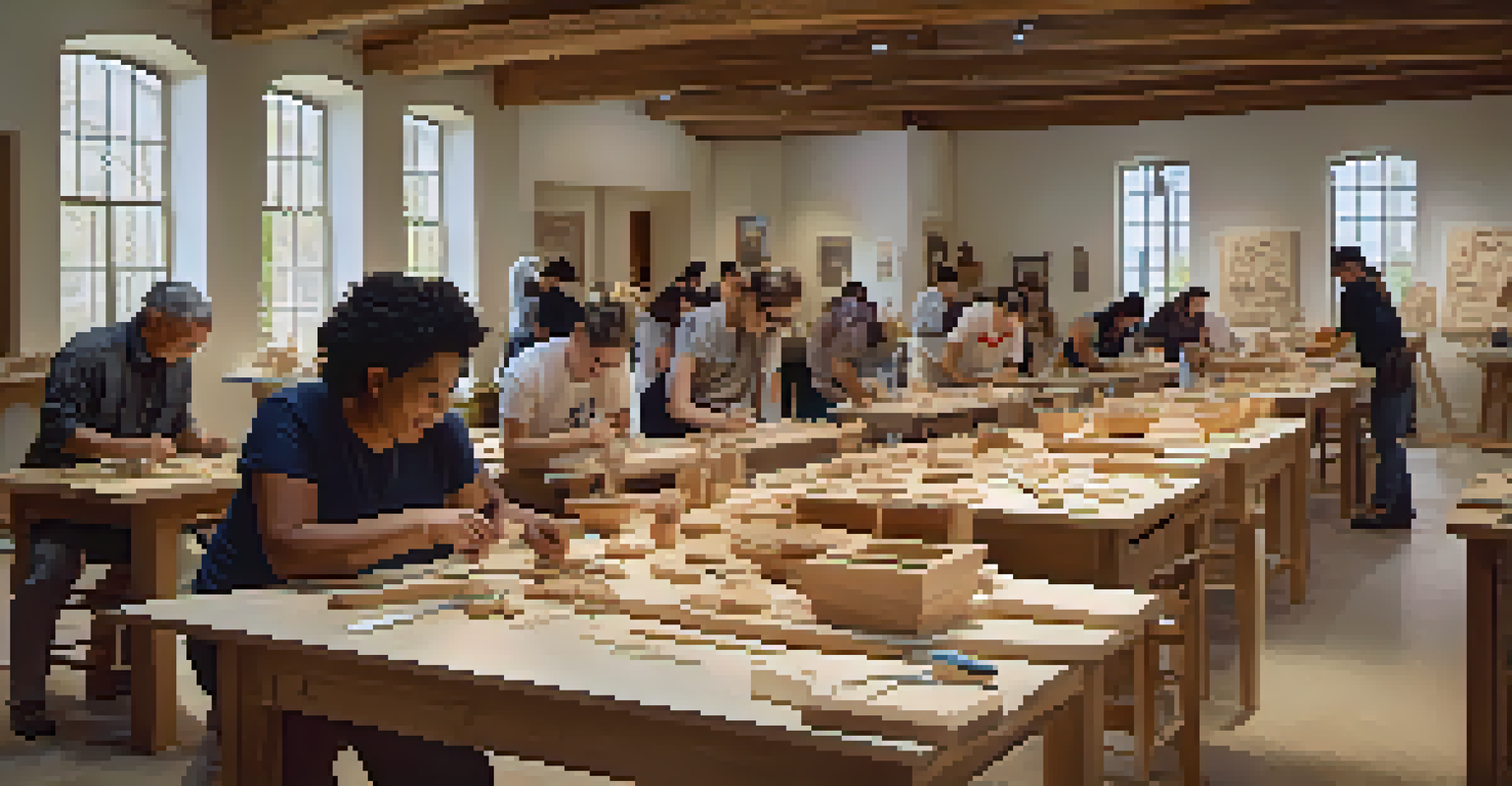 Participants actively engaged in a carving workshop, surrounded by tools and materials, with a bright and inviting atmosphere.