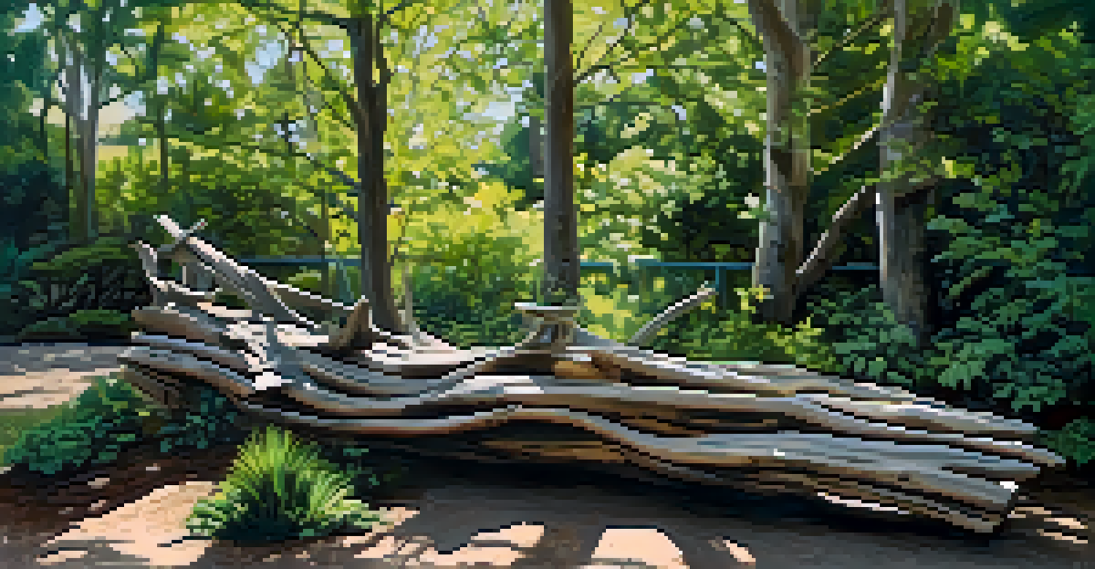 An outdoor sculpture combining driftwood and metal, surrounded by greenery and dappled sunlight highlighting its textures.