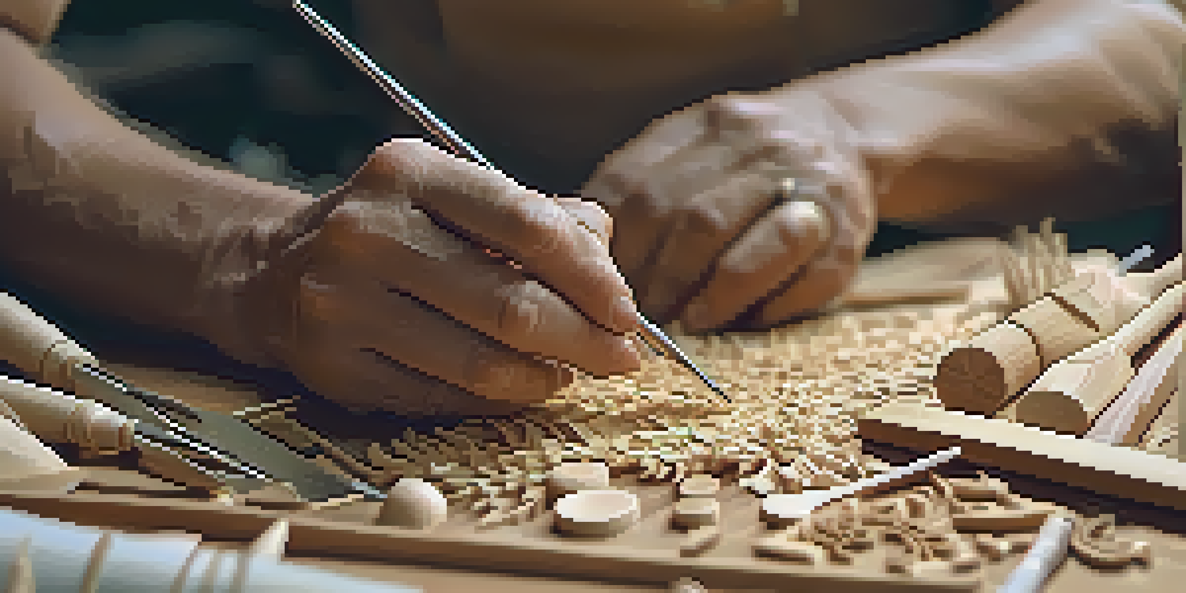 A close-up of an artisan's hands carving a wooden sculpture with precision tools, surrounded by wood shavings in a well-lit workspace.