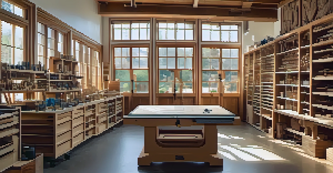 A modern workshop showcasing advanced carving tools like a CNC machine and laser engraver, with various intricate carvings displayed and natural light illuminating the space.