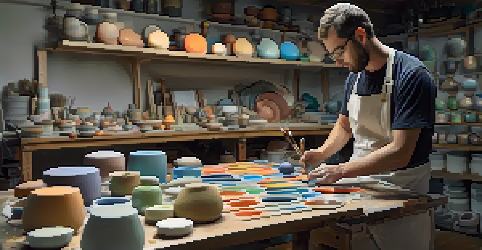 A ceramic artist using digital tools to create molds, surrounded by colorful glazes and finished ceramic pieces in a warmly lit studio.